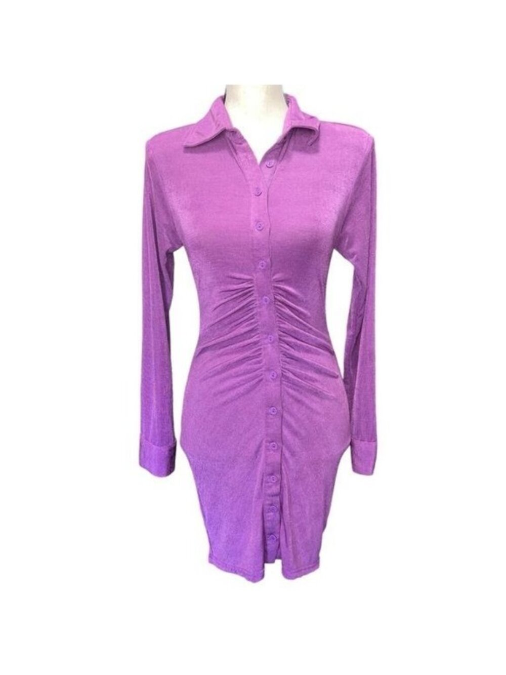 Mable Mini Dress Womens S Purple Long-Sleeve Collared Button-Up Ruched Stretch